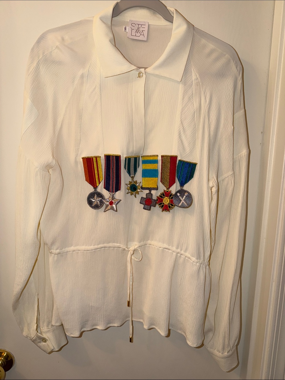 Stella Jean Silk Blend Cream Blouse with Nautical Medals Applique Size 46/ US 10